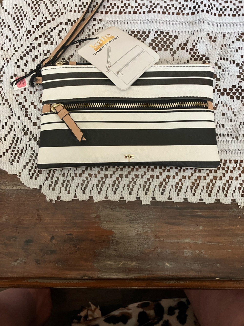 Kate Landry Black and White Striped Wristlet with Gold Accents